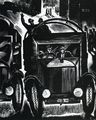 A. Tassos, Freight cars, 1933, woodcut, 25 x 20 cm